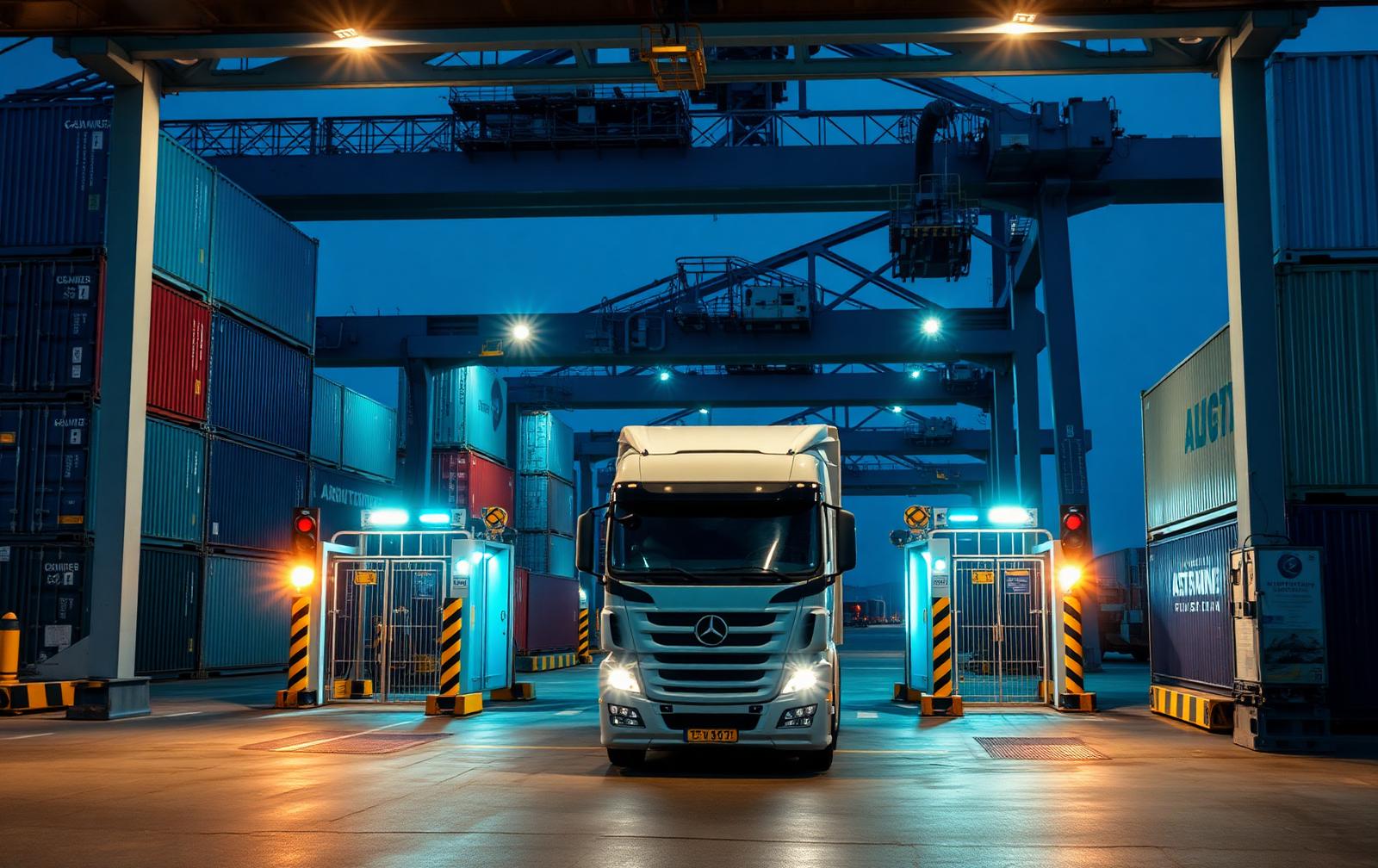 Shipping containers being inspected at a port customs checkpoint at dusk