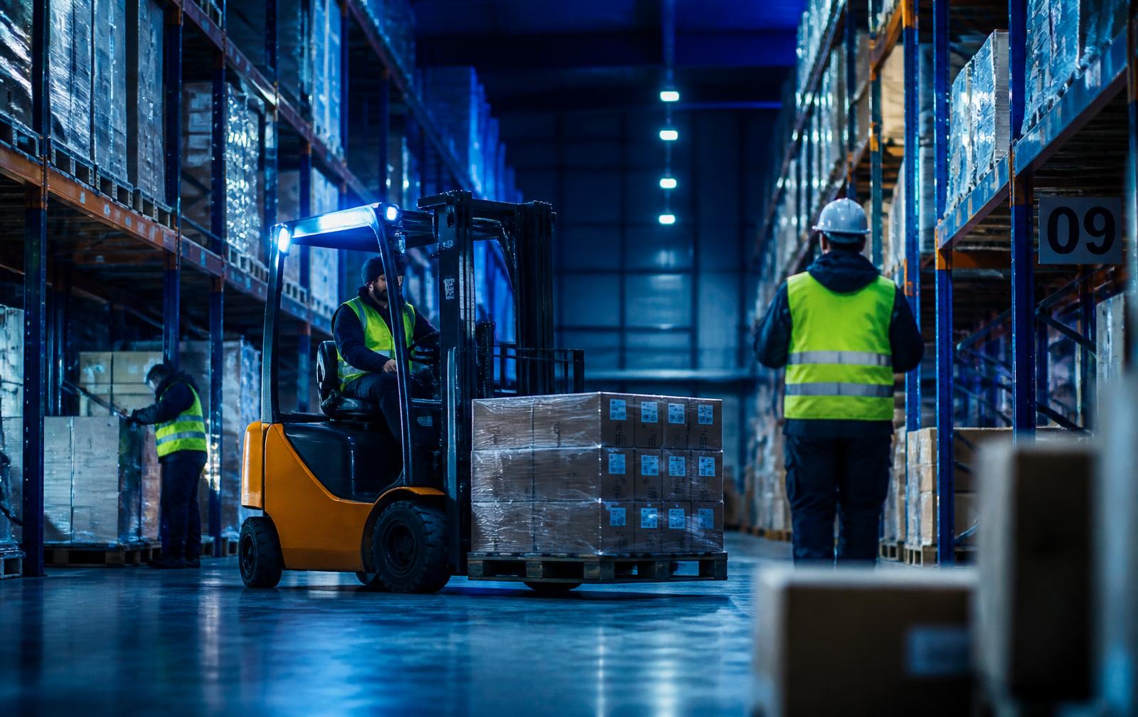 Forklift and workers moving pallets inside a modern warehouse