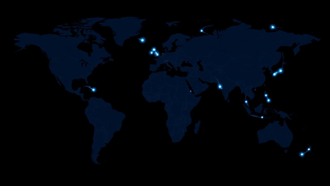 Stylized world map showing Veltrex logistics routes connecting major ports across continents